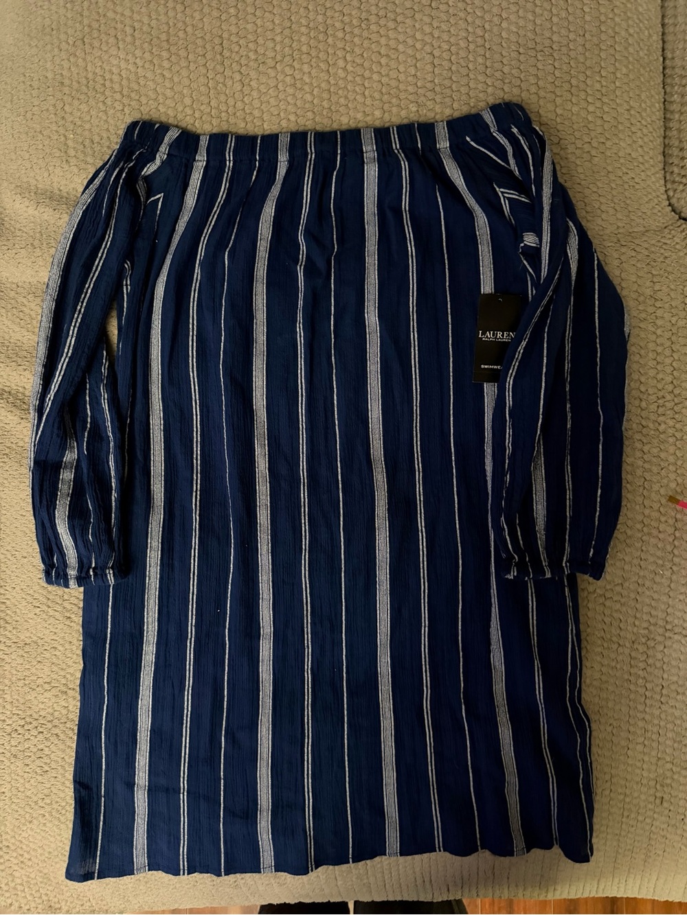 Lauren Ralph Lauren Navy & White Striped Off-Shoulder swimwear cover up - XS